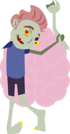 Green zombie waving his right arm around with his left hand. His left eyeball is falling out. There is a large pink brain in the background.